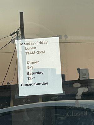 Closes at a mystery time. Google said they close at 8pm so we showed up at 7:25 to find this sign and the restaurant closed