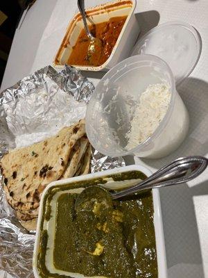 Not the prettiest picture. Top- Chicken Tikka Masala with Rice, bottom, Palak Paneer with Rice