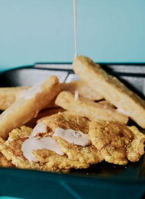 fry box with yuca frita, and tostones