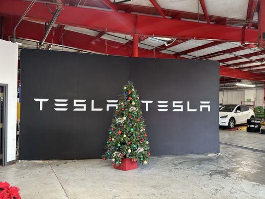 Tesla Service center decked out for Christmas