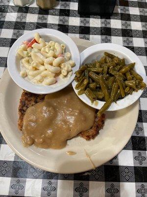 Country steak, green beans, macaroni salad