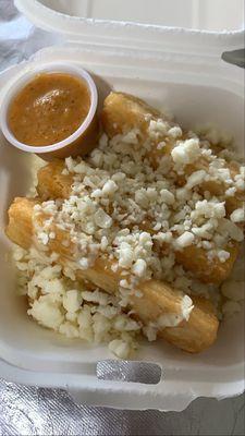 Yuca Frita with red roasted bell pepper sauce