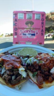 6/7/2023 430pm: Tacos! 2 for $5! Left: Carne Asada (beef) flavorful but not tender. Right: El pastor (pork) JUICY and flavorful!