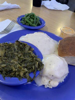 Chicken Fried Steak Special with Mashed Potatos, Mixed Greens and a side of Green Beans