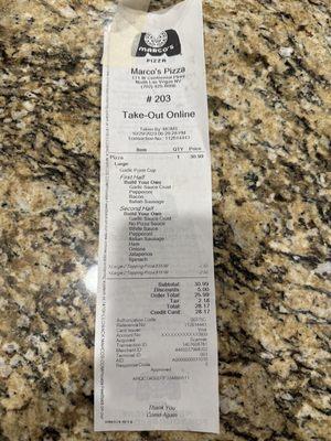 Receipt from Marco's Pizza