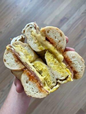 Taylor Ham Egg and Cheese on an Everything Bagel, SPK