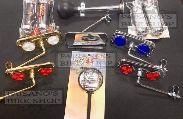 Looking for Lowrider Accessories? Look no further, we carry a wide range of parts. Mirrors, pedals, drop forks and more. Twisted parts avai