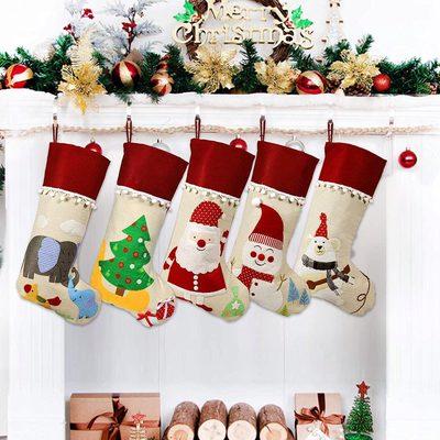 5 Pcs 18 Inch Burlap Stocking with Snowman, Tree, Bear, Santa, Elephant for Christmas Decoration