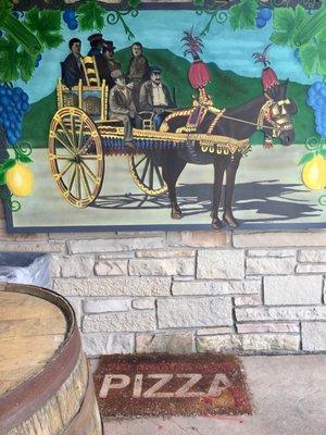 Mural, barrel and "Pizza" welcome mat