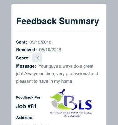 Review from a customer for work completed on May 10, 2018.