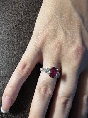 Custom made white gold ruby and diamond ring