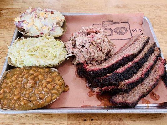 1lb brisket, 1/2lb pork, potato salad, slaw, beans