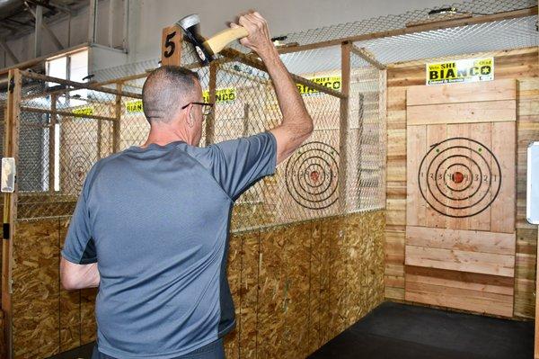 Tom Reese (RISR's owner)  demonstrates throwing an Axe