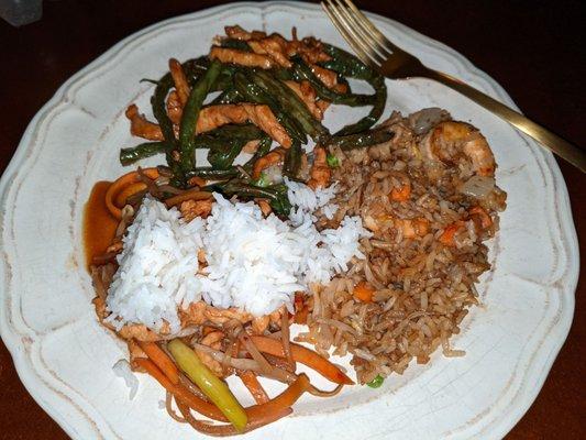 Chicken and string beans, shrimp fried rice, Szechuan chicken