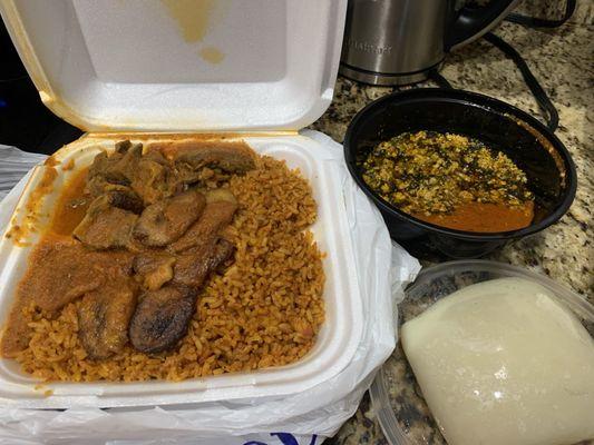 Jollof rice with goat meat and plantains; Egusi soup and fufu