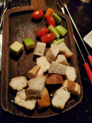 Dippers for cheese course. Bread, carrot, apple, tomato