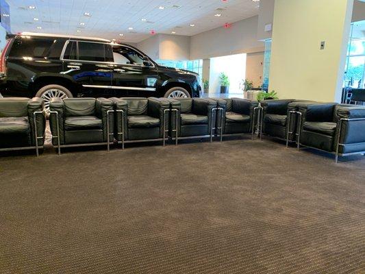 Seating area for service or complimentary car wash.