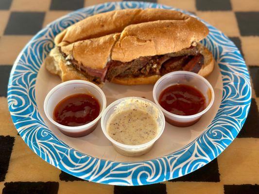 Tri Tip Sandwixh with BBQ, Spicy BBQ and Dijon mustard sauces