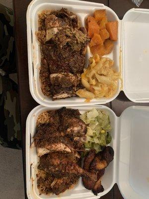 Jerk chicken and cabbage with Mac and yams