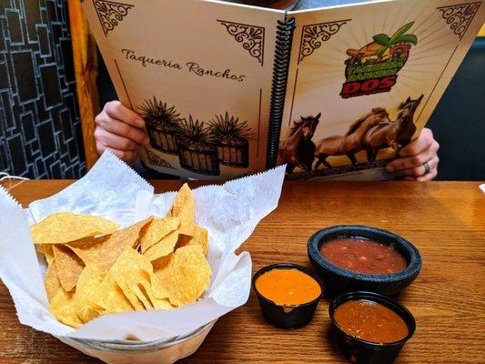 Chips and salsa included for the table. The house salsa is mild, but you can get hot and other sauces and condiments at the salsa bar.