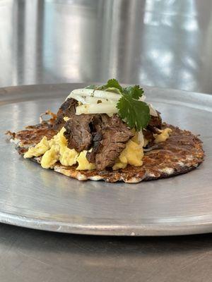 Steak and egg taco