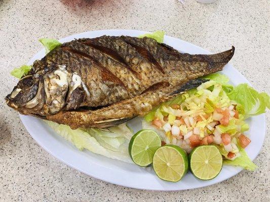 Mojarra Frita (Fried Fish), Salad, Rice & Tostones/Patacón (Fried Green Plantains)