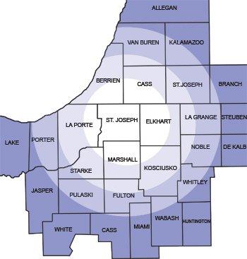 Brett Gordon's Towing and Repair Service Area Map - South Bend, Indiana