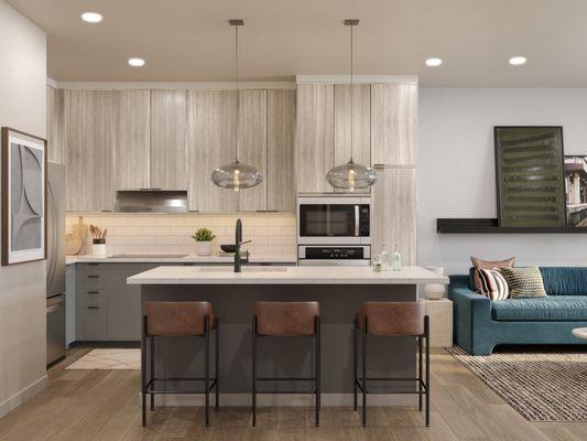 Kitchen with wall oven and quartz countertops