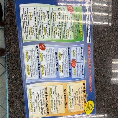 The menu of the different car washes offered