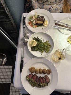 Grilled Salmon and Hanger Steak with Asparagus