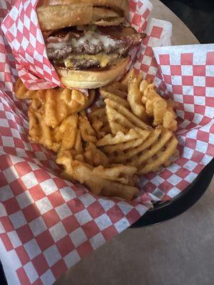 Cowboy burger with waffle fries