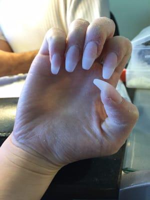 Acrylic nails before shellac polish was painted, as you can see the nail preparation is fabulous!