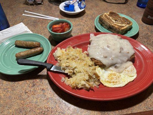 Chicken fried steak, hashbrowns, we added onions