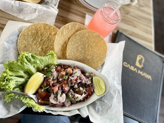 Octopus Ceviche.   Pink lemonade.