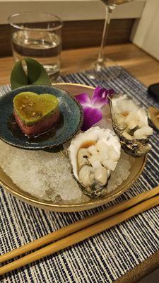 Oysters and tuna tartar