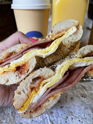 Lrg hazelnut coffee, house made fresh squeezed OJ and Taylor ham, egg and cheese on an everything flagel