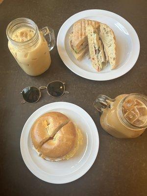 Egg and Egg & Cheese Bagel, iced Americano, The Chestnut Hill Smoked Turkey Panini, iced coffee