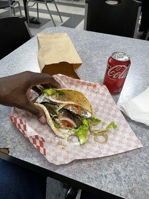 Regular gyro with an ice cold Coke. Delicious!!!!! The owner that prepared it was extremely nice!