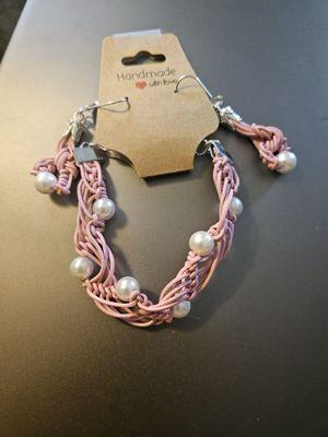 Pink Leather Macremed Corded Womans Bracelet with Artifice Pearl beads.