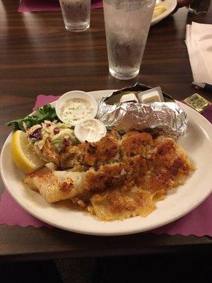 Crab stuffed fish, baked potato and coleslaw