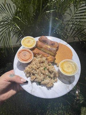 Breakfast sampler plate with guava chiffon & lilikoi & orange syrups