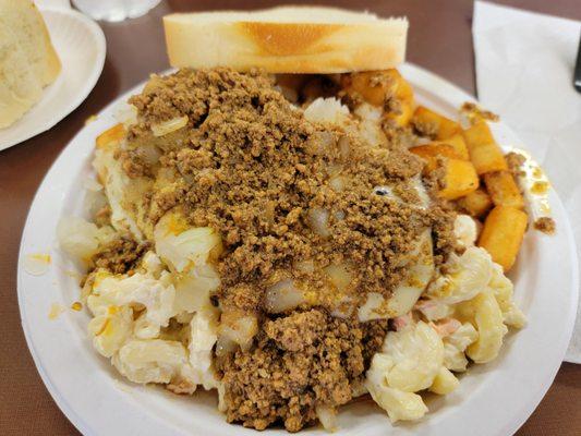 Cheeseburger Garbage Plate with "Everything" (homefries) - A dense, flavorful meat sauce with the right amount of heat!