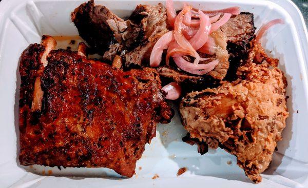 Memphis Style Smoked BBQ Ribs, Texas Style Smoked Beef Brisket, and Fried Chicken