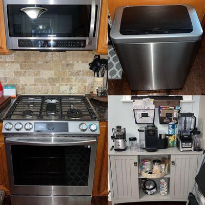 Stove & Coffee Station & Garbage Cans Are Always A Must When Cleaning A Kitchen.