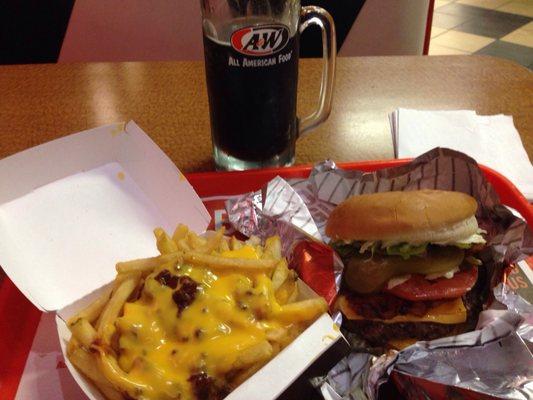 Double Bacon cheeseburger, chili cheese fries, and an A&W Root Beer.