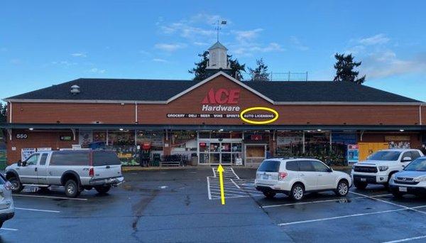 Edmonds Auto License & Service is located just inside Ace Hardware on the right -hand side.