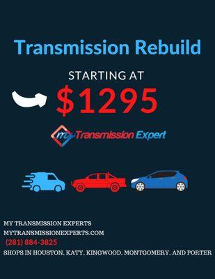 Transmission Rebuild & Repair starting at $1295 in Montgomery, Texas.