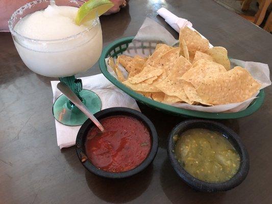 Frozen margarita and chips & salsa