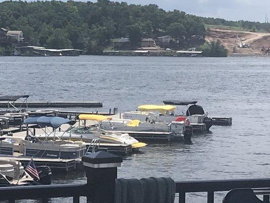 Our pontoon boat at the end of the dock (thankfully Dog Days helped us park! Phew!)