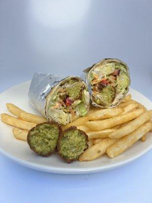 Falafel Wrap- falafel balls, lettuce, carrot, onion, cucumber, tomato, tahini, garlic dressing & wrapped in flour tortilla. (Vegan optional)